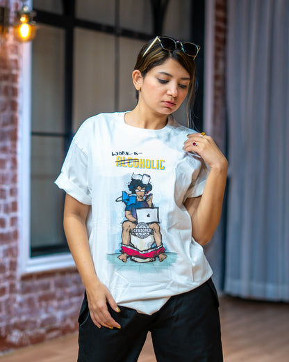 Workaholic Oversized Unisex White Tee